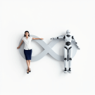 Robot and woman lean playfully on a silver infinity symbol—WeTheAI “black-sheep” community logo.
